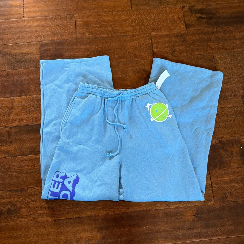 Poppi Wide Leg Sweatpants Blue Graphic Lounge Pants Medium Thick Cozy Warm